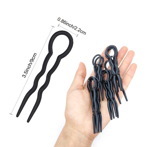 Hoyols 12 pcs 3.5 inch French Style Hair Pins, Small French Hair Fork, Wavy Crink Hair Pin U Shaped Hair Sticks Cellulose Acetate Chignon Updo Bun Holder for Women Styling Accessories Black