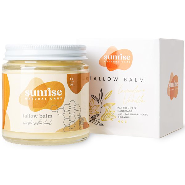 Sunrise Natural Care Honey and Tallow Balm - Body and Face Moisturizer - 100% Grass Fed Beef Tallow - 4 ounces - Lavender + Vanilla