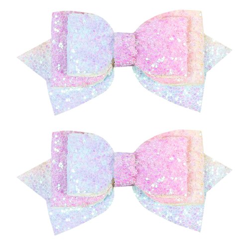 3 inch Glitter Rainbow Hair Bow Clips Small Cute Boutique Alligator Hairpins Sparkly Sequin Cheer Barrettes Birthday Xmas Back School Gift for Little Baby Girls Teens Toddlers Kids