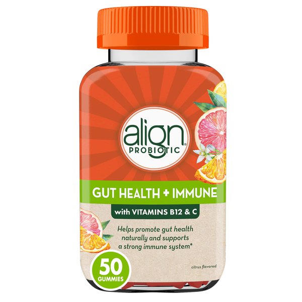 Align Probiotic, Gut Health & Immunity Support, Probiotic for Women and Men, #1 Doctor Recommended Brand, Vitamin C and B12 for Immune Support & Energy, Citrus Flavor, 50 Gummies