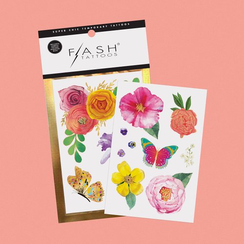 Flash Tattoos Emma Authentic Metallic Temporary tattoos 2 mini sheet pack - Includes over 9 premium foil waterproof tattoos, flower tattoo, butterfly tattoo, neon tattoo