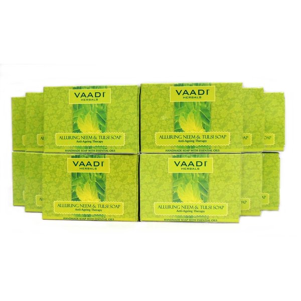 Vaadi Herbals Neem Soap (Neem Tulsi Bar Soap) with Tea Tree Oil - ALL Natural - Each 2.65 Ounces - Pack of 12 (32 Ounces, 2 Lb)