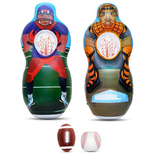ImpiriLux Inflatable 5 Foot Tall Double Sided Football & Baseball Toss Target | Plush Mini Football and Baseball Included | Sports Game for Boys and Gils