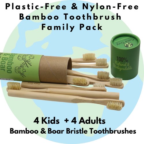 Gaia Guy Natural Bristle Bamboo Toothbrush Family Pack (NO Nylon - Boar Hair ONLY) - Totally Compostable & Biodegradable Boar Bristle and Bamboo Toothbrushes - Zero Waste - 4 Kids and 4 Adults