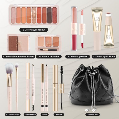 Makeup Kit Makeup Sets for Women Teens with Cosmetic Bag Travel Girls Makeup Sets Ages 8-10-12 Full Face Full Makeup Kit with 9color Eyeshadow Palette Concealer Liquid Blush Eyeliner Lipgloss