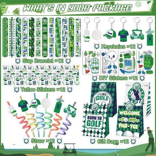 Erweicet Golf Party Favor 72 PCS Golf Theme Slap Bracelet DIY Stickers Temopory Tattoos Keychains Plastic Straws Gift Bags for Golf Birthday Party Sports Event Goodies Bags Filler