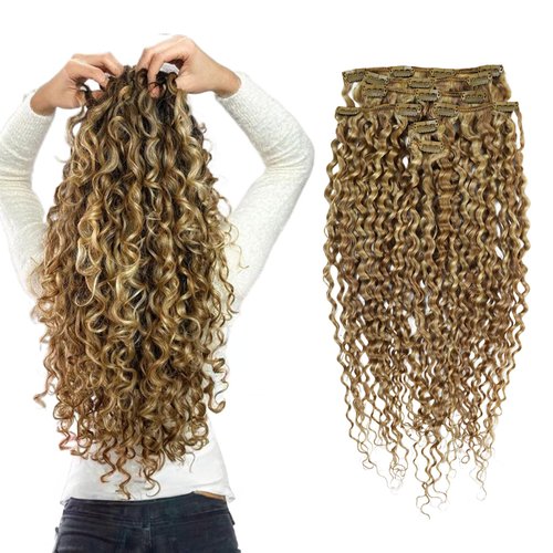 Hyssiet Curly Clip in Hair Extensions Real Human Hair 14 Inch 120g Light Brown Highlighted Bleach Blonde Wavy Human Hair Clip in Extensions 7pcs with 16 clps