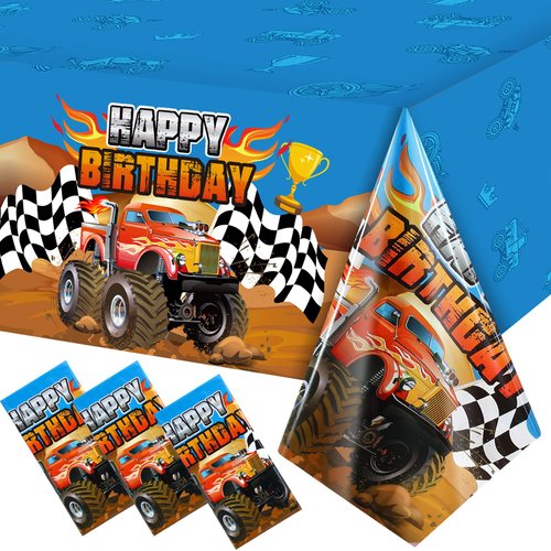 Monster Truck Tablecloth Happy Birthday Monster Truck Party Table Cover Monster Machine Table Cover Grave Digger Theme Checkered Flag Tablecloth for Birthday Party Decorations Supplies(3 Pieces)