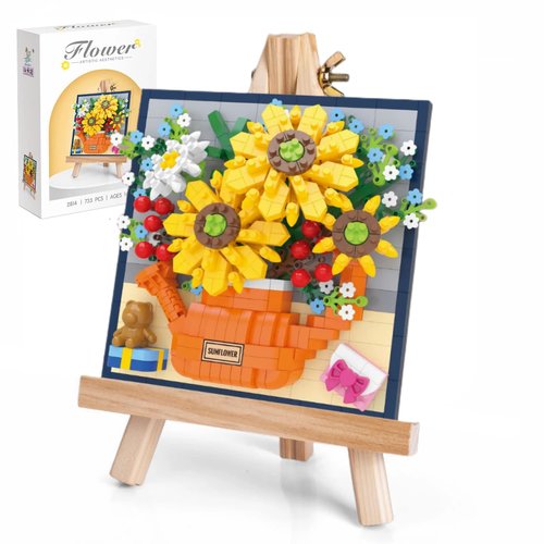 BSXGSE Flower Bouquet Building Sets with Display Shelf, Unique Home Décor Artificial Flowers Botanical Collection Anniversary for Wife, Valentines Day Gifts for Her Women Mom (Sunflower)