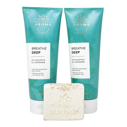 Bath & Body Works Aroma Breathe Deep Eucalyptus & Lavender 2 Pack Body Cream Set with a Natural Oats Bar Soap - Full Size