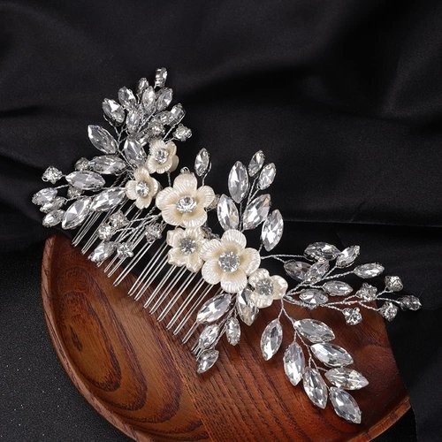 BERYUAN Bridal White Flower Silver Crystal Rhinestone Hair Comb for Bride Bridesmaid Sliding side Headpieces Wedding Hair Accessories for Women and Girls (Silver)