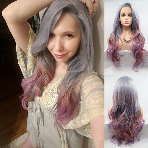 Side Part Long Hair Blue Green Grey Purple Pink Mixed Colour Synthetic Lace Front Wigs for Women Girls Replacement Party Cosplay Summer Wedding Wigs Mermaid Colourful Body Wave Natural Hairline 60cm