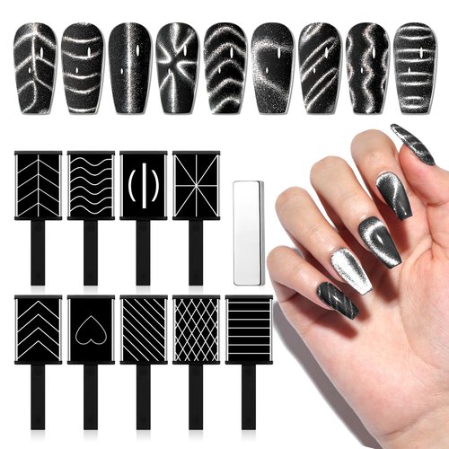 SAVILAND Cat Eye Magnet for Nails: 10PCS CatEye Gel Nail Polish Strong Nail Magnets Set 1000＋Styles Creation Magnetic Wand Quicker DIY Nail Art Tools for Enthusiasts Technicians Salon Home Studio