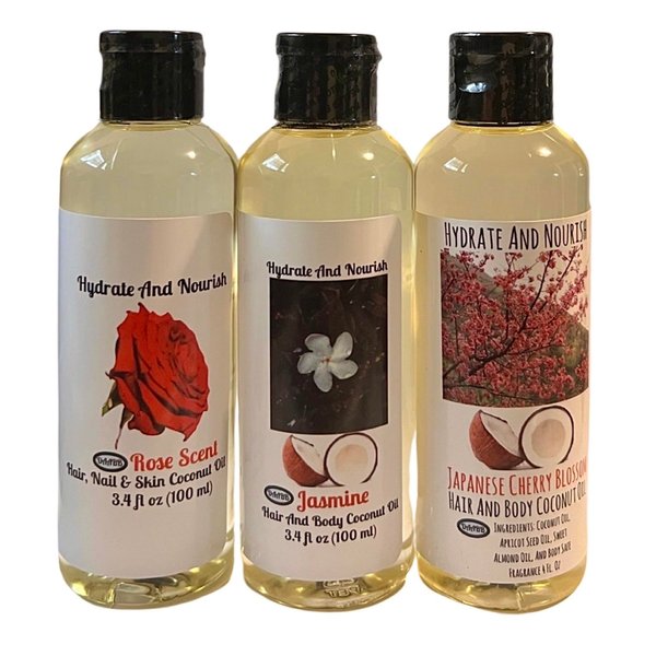 3 Pack Hair and Skin Scented Body Oil Set. Jasmine, Rose, Japanese Cherry Blossom Coconut Oil Fragrance Massage Oil. Multi-Use Oils For The Whole Family 3.4 Fl. Oz Travel Size Containers