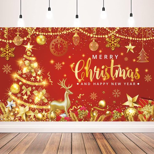 Christmas Party Decorations Christmas and Happy New Year Banner for Xmas New Years Eve Party Supplies, 71x43inch (Red Gold)