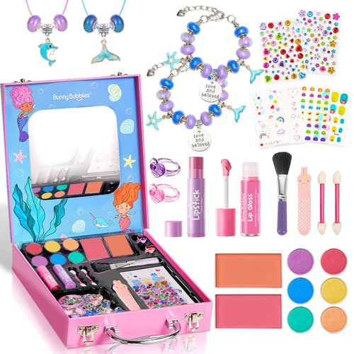 Kids Makeup Sets for Girls - Washable Real Cosmetics Set with Jewelry-Making for Children, Ocean Princess Dress-Up Makeup Bracelet Kits, Ideal Christmas Birthday Gift for 4-12 Year Olds (Blue)