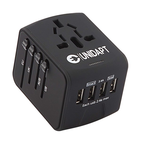 Universal Travel Adapter, Unidapt International Plug Adapter with 4 USB Ports, Pin Converter Power Adaptor Charger for Travel in EU, UK, AU, US, Black