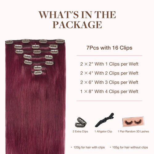 GOO GOO Clip in Hair Extensions Real Human Hair, 18inch 120g 7Pcs, 530 Burgundy, Remy Human Hair Extensions Clip ins for Women, Natural Human Hair