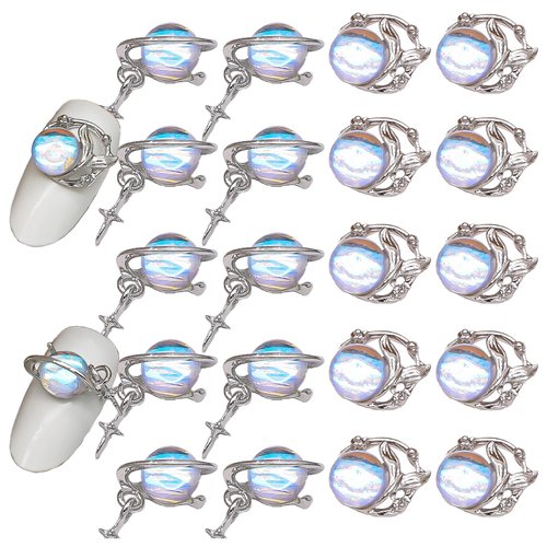 Mermaid Planet Nail Charms for Acrylic Nails,20PCS Sliver Alloy Planet Nail Art Rhinestones Decoration, Nail Gems Diamonds Y2K Accessories for Nail Art Supplies Manicure Craft DIY
