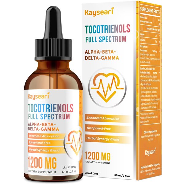 Kayseari Full Spectrum of Tocotrienols Supplement 1200mg- Tocotrienol Vitamin E Liquid,Tocopherol-Free - Superior Antioxidant Blend - Higher Absorption - 2 fl oz,30 Servings