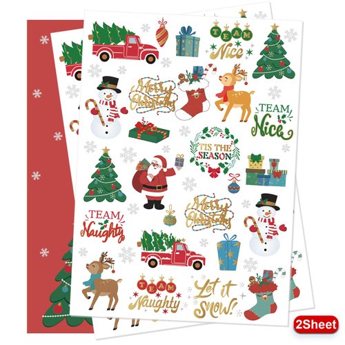 AOYOO Christmas Decorations Temporary Tattoos 52 Glitter Styles Stocking Stuffer for Kids Team Naughty Team Nice Christmas Party Favors Xmas Tree Santa Christmas Eve Gift Christmas Accessorie