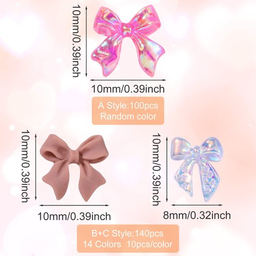 HINZIC 240 Pcs Aurora Bow Nail Charm 3D Bows Nail Charm Colorful Bowknot Nail Charm for Acrylic Nails Cute Butterfly Pearl Resin Rhinestone Glitter Valentines Wedding Prom Accessories for Art Crafts