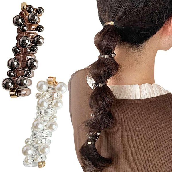 2PCS Pearl Braided Elastic Hair Ties for Women & Girls, Waterproof Ponytail Holders for Thick & Thin Hair, Elegant Spiral Telephone Wire Hair Bands & Accessories, Holiday Gift