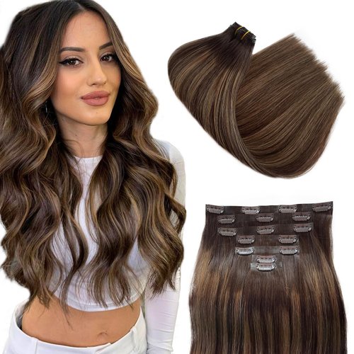 Clip in Hair Extensions Real Human Hair Dark Brown Highlights Ash Brown 7 Pcs Seamless Clip in Hair Extensions Human Hair 100g 18 Inch Invisible PU Skin Weft Human Hair Extensions for Women Full Head
