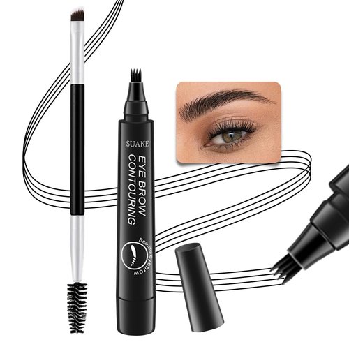 Magic 4 Fork Tip Eyebrow Pen with Dual-ended Eyebrow Brush for Natural-Looking Hair-Like Defined Brows,Waterproof 4 Tipped Precise Brow Pen with Sponge Micro-Fork Tips Applicator (Natural black)