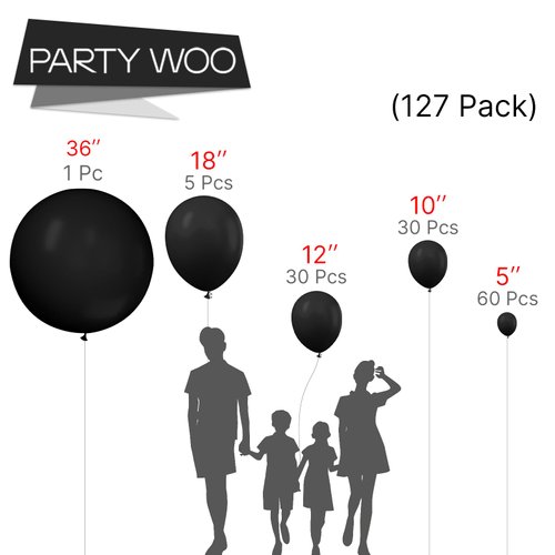 PartyWoo Black Balloons, 127 pcs Matte Black Balloons Different Sizes Pack of 36 Inch 18 Inch 12 Inch 10 Inch 5 Inch Black Balloons for Balloon Garland or Balloon Arch as Party Decorations, Black-Y18
