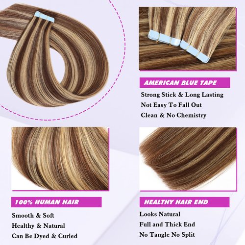 Tape in Hair Extensions Human Hair Color Chocolate Brown and Caramel Blonde Remy Hair 12 Inches 20pcs 40g/pack Straight Seamless Skin Weft Tape in Human Hair Extensions(12inch,#4p27,40g)
