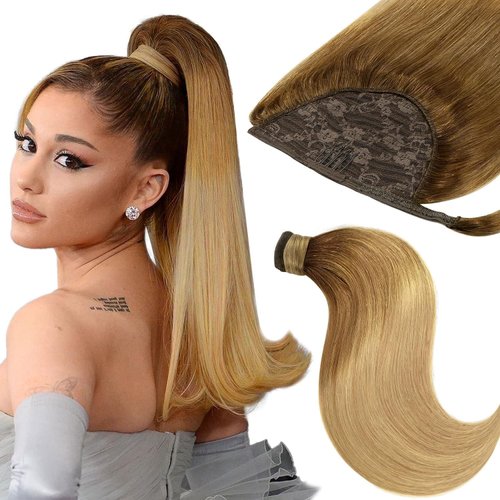 Brown Ponytail Extension Human Hair Silky Ponytail Hair Extensions Wrap Around Straight Dark Brown Mix with Dark Ash Blonde Wrap Around Clip on Ponytails for Woman 14 Inch 70g T#4(M4-18)-18