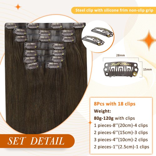Full Shine Clip in Hair Extensions Real Human Hair Dark Brown Clip in Hair Extensions 18 Inch Invisible Pu Human Hair Clip in Extensions Straight Seamless Extensions Clip in Human Hair 8 Pcs 120Gram