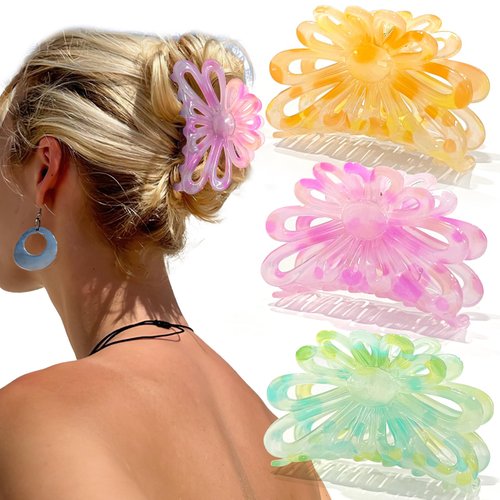 GQLV Flower Hair Claw Clips for Women/Girls, 3PCS 3.1" Big Cute Clips for Thick/Thin Fine Hair, Nonslip Strong Hold Hair Styling Accessories (A-colorful)