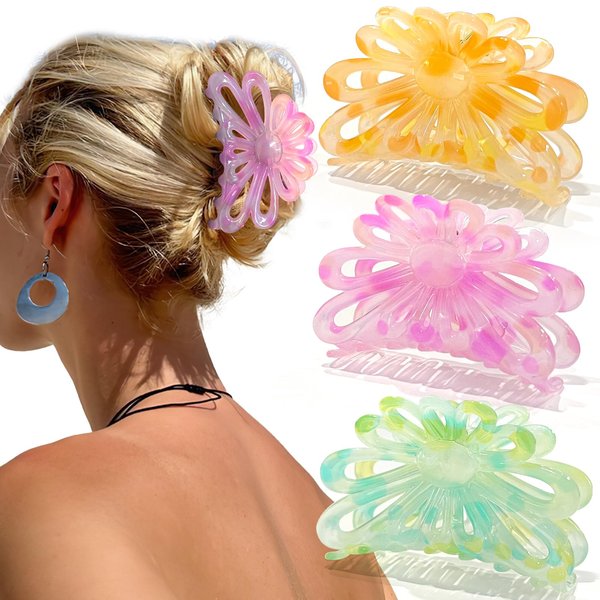 GQLV Flower Hair Claw Clips for Women/Girls, 3PCS 3.1" Big Cute Clips for Thick/Thin Fine Hair, Nonslip Strong Hold Hair Styling Accessories (A-colorful)