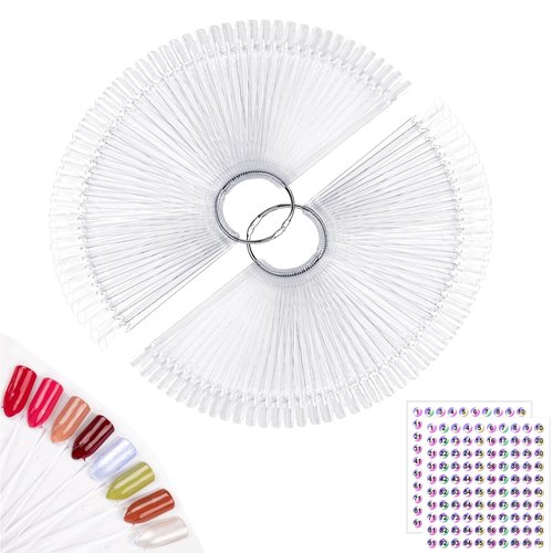 Subay 100pcs Fan-shaped Nail Swatches Sticks with Number Stickers, False Fake Nail Art Tips Sticks Polish Gel Salon Display Practice Tools with Metal Split Ring Holder