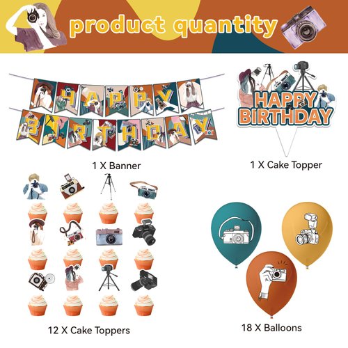 Photography Party Decorations Photography Birthday Party Supplies Includes Photography Birthday Banner Cake Topper Cupcake Toppers Balloons for Photographer Party Photography Enthusiast Party