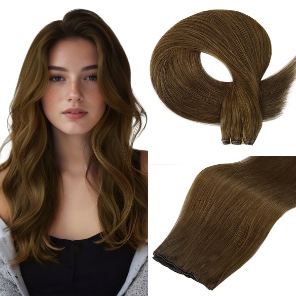 Full Shine 22 Inch Human Hair Weft Hand Tied Hair Extensions For Fashion Women Genius Weft Hair Extensions Human Hair Sew In Hair Extensions Real Human Hair Medium Brown Hair Weft 60G 22 Inch