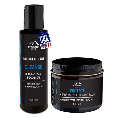 Mountaineer Brand Bald Head Care For Men | Cleanse Shampoo (4oz) and Protect Moisturizing Balm (2oz) | All Natural Daily Skin Care Wash and Shaving Soap | Non-Greasy Moisturizer for Scalp and Face