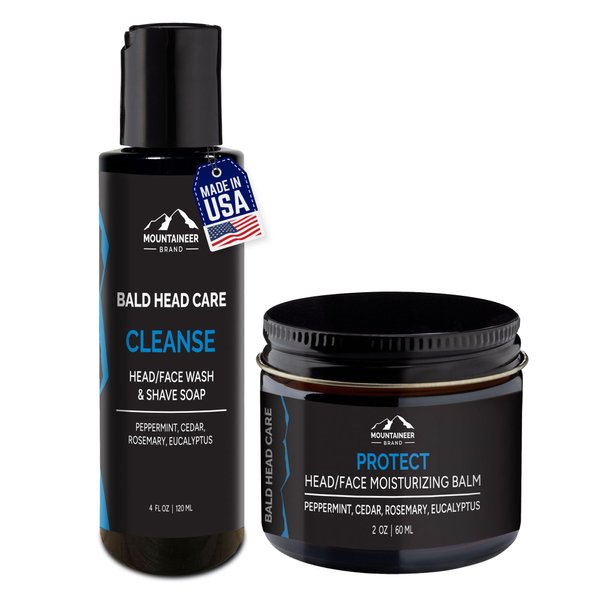 Mountaineer Brand Bald Head Care For Men | Cleanse Shampoo (4oz) and Protect Moisturizing Balm (2oz) | All Natural Daily Skin Care Wash and Shaving Soap | Non-Greasy Moisturizer for Scalp and Face