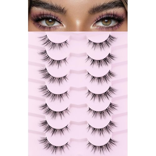 False False Eyelashes Lashes Cat Eye Natural 15mm Manga Eyelashes Wispy with Thin Band 3D Volume False Lashes Anime Lashes Soft Strip Lashes Pack C Curl Fake Eyelashes 7 Pair EVENTILL
