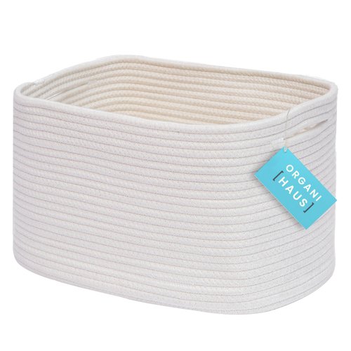 OrganiHaus White Cotton Rope Basket for Books, Woven Fabric Storage Basket, Towel Baskets for Bathroom, Woven Baskets for Organizing, Decorative Rope Baskets for Storage, Baby Toy Basket