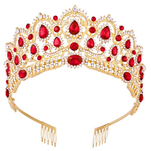 Queen of Hearts Costume Crown, Vofler Gold Red Evil Queen Tiara Ruby Crystal Accessories Christmas Headband for Adult Women Princess Bride Quinceanera Birthday Wedding Pageant Prom Halloween Party
