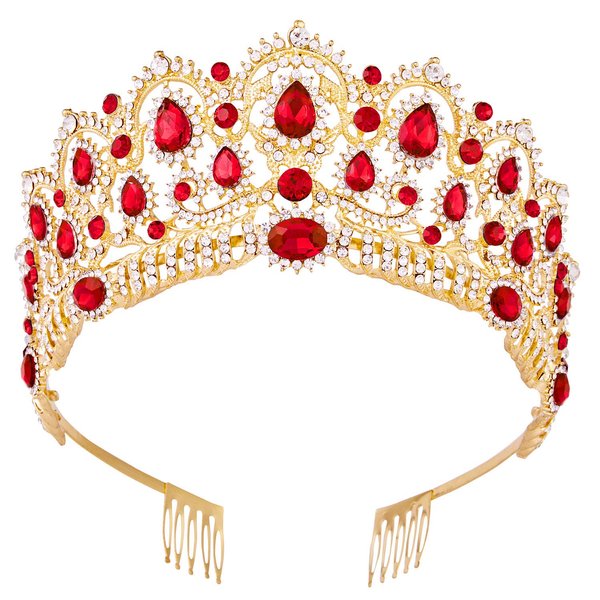 Queen of Hearts Costume Crown, Vofler Gold Red Evil Queen Tiara Ruby Crystal Accessories Christmas Headband for Adult Women Princess Bride Quinceanera Birthday Wedding Pageant Prom Halloween Party
