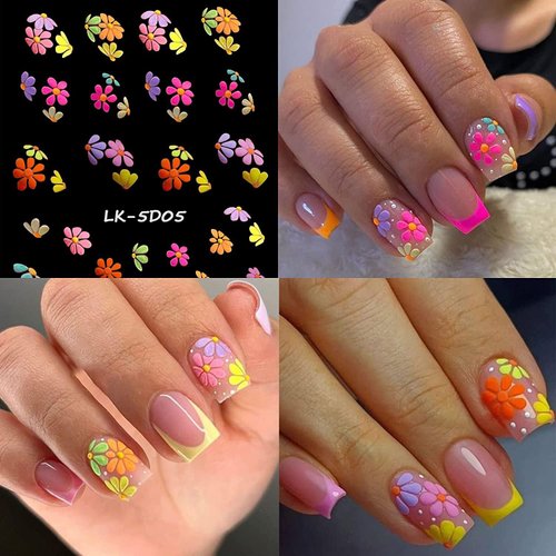Vezocim Flower Nail Art Stickers Decals, Holographic 5D Embossed Flowers Heart Nail Self-Adhesive Sticker Designs, Engraved Colorful Floral Nail Decal Decorations for Women Girls Manicure Tips Art