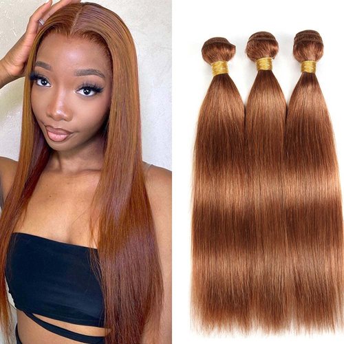 Brown Straight Weave Human Hair Bundles Color #30 Light Brown Straight Bundles Human Hair Double Weft Brazilian Remy Hair Extensions Soft and Silky for Black Women (18 18 18 Inch 3 Bundles)