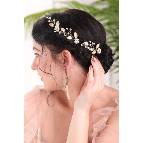 FXmimior Flower and Leaf Pearl Pins Rhinestone Headpiece Vintage Wedding Hair Pins Set Bridal Gold Hair Accessories for Brides and Bridesmaids Pack of 3(Gold)