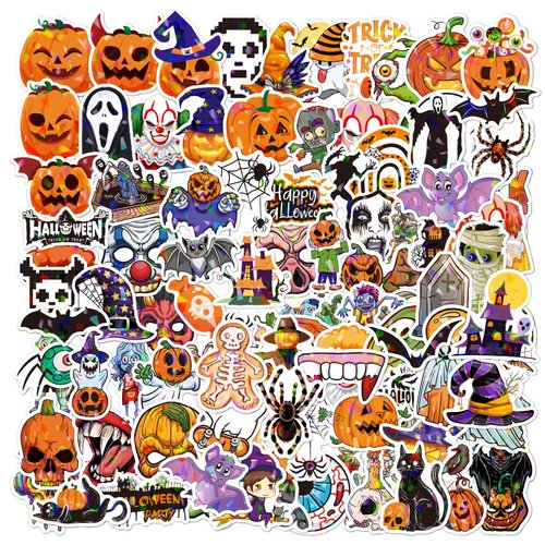 100PCS Halloween Stickers for Kids, Vinyl Decals Non-Repeating Glitter Halloween Stickers, Vinyl Waterproof Holiday Party Stickers, Kids and Youth Adult Party Favors Gifts (Halloween-Q17)