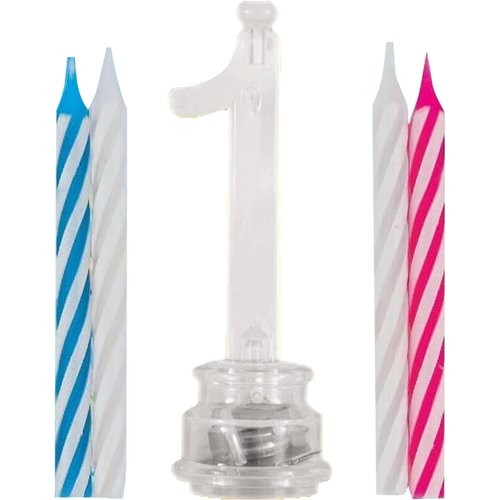 Blue Plastic Number 1 Flashing Candle Holder With Birthday Candle Set - 1 Set - Elegant, Eye-catching & Durable - Perfect Cake Topper For Birthday Celebrations