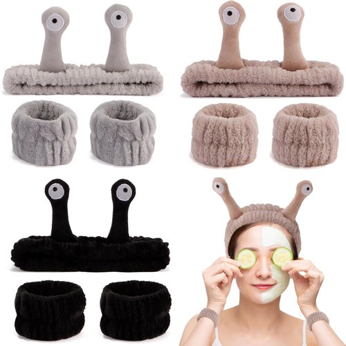 SuPoo 9 Pcs Skincare Headbands Snail Spa Headband and Wristband Set Alien Headband Brown Face Wash Wristbands Cute Makeup Headband Hair Band for Washing Face Wrap Head Towel Wrist Towels for Shower